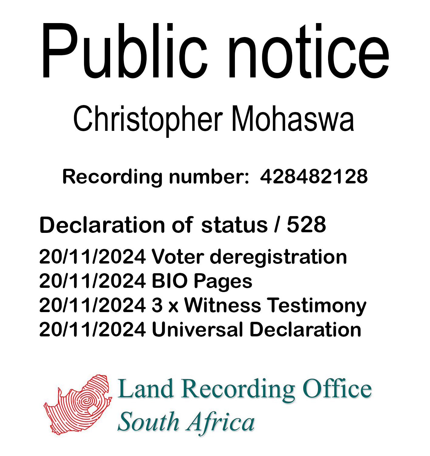 Public notice Christopher Mohaswa Recording number 428482128
